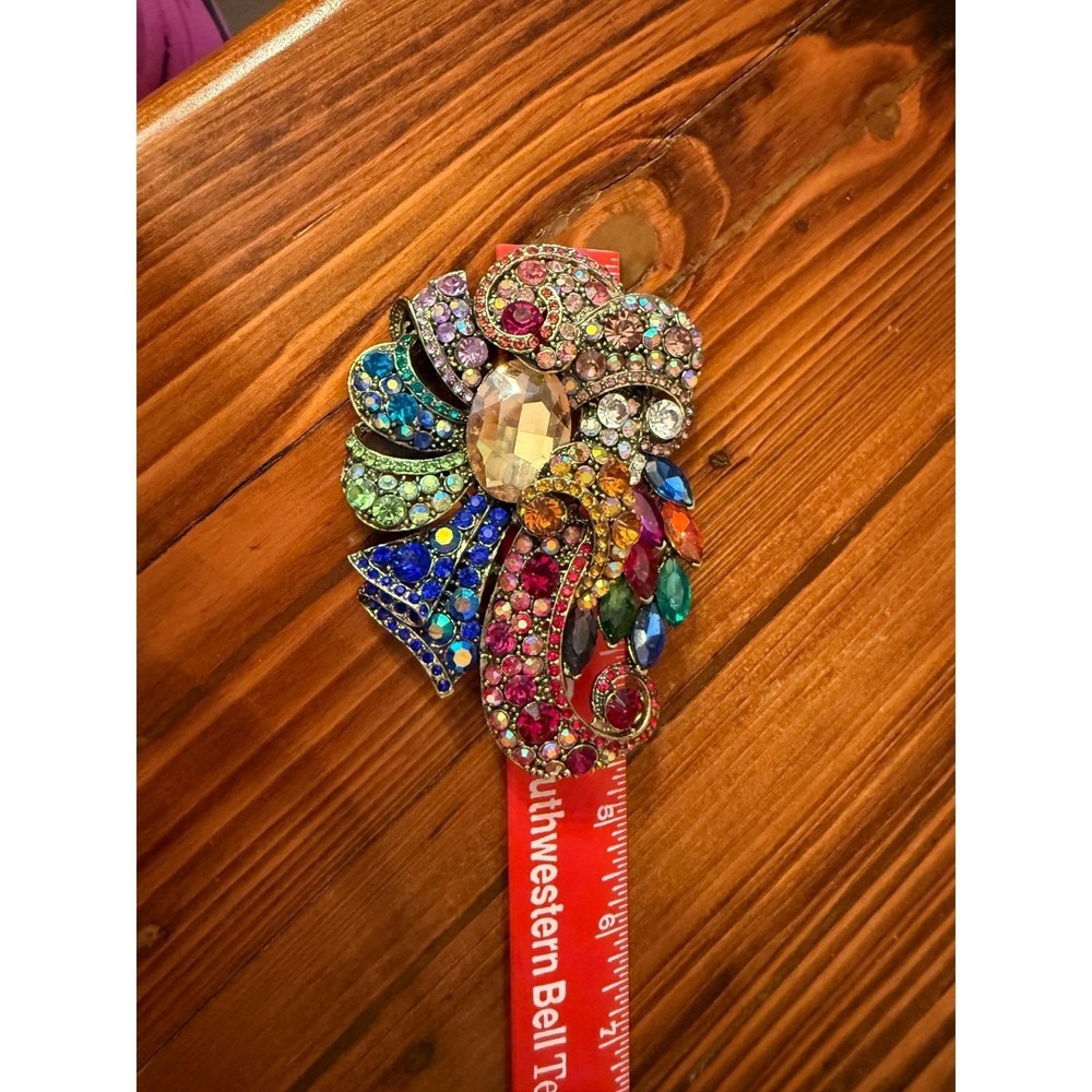 Large Colorful Rhinestone Statement Brooch Pin Multicolor Crystal Silver Tone - Picture 4 of 5